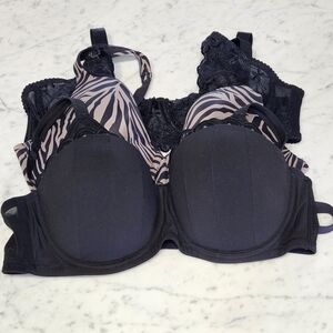 3 Pk Bundle Women's Elegant Black, Tiger and Black Lace Bras - Sz 38C